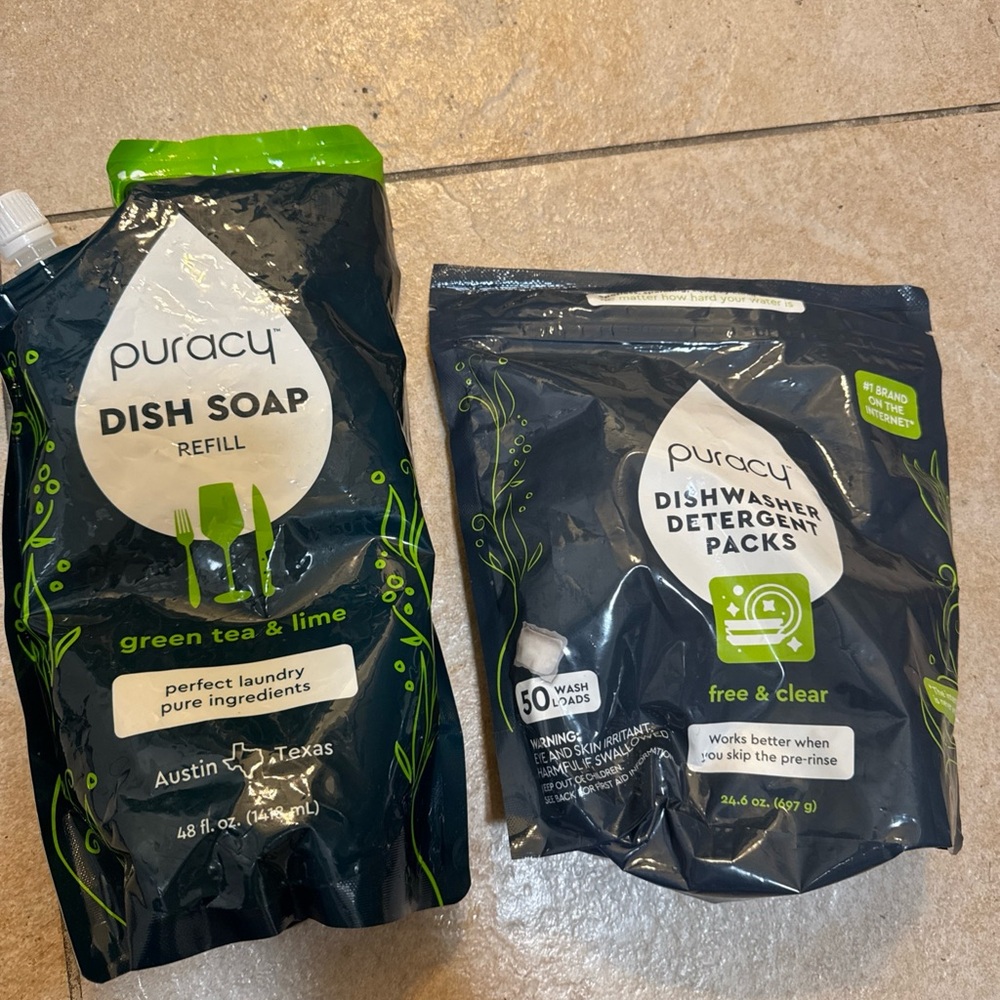 Puracy Dish Soap Refill & Dishwasher Detergent Packs - Green Tea & Lime